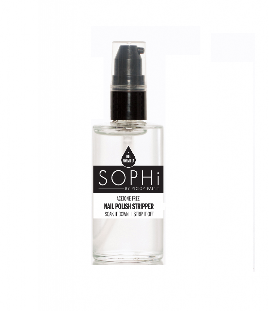 SOPHi Nail Polish Stripper product image. Clear bottle with black and white logo and details. 2 fl oz bottle with dispenser top.