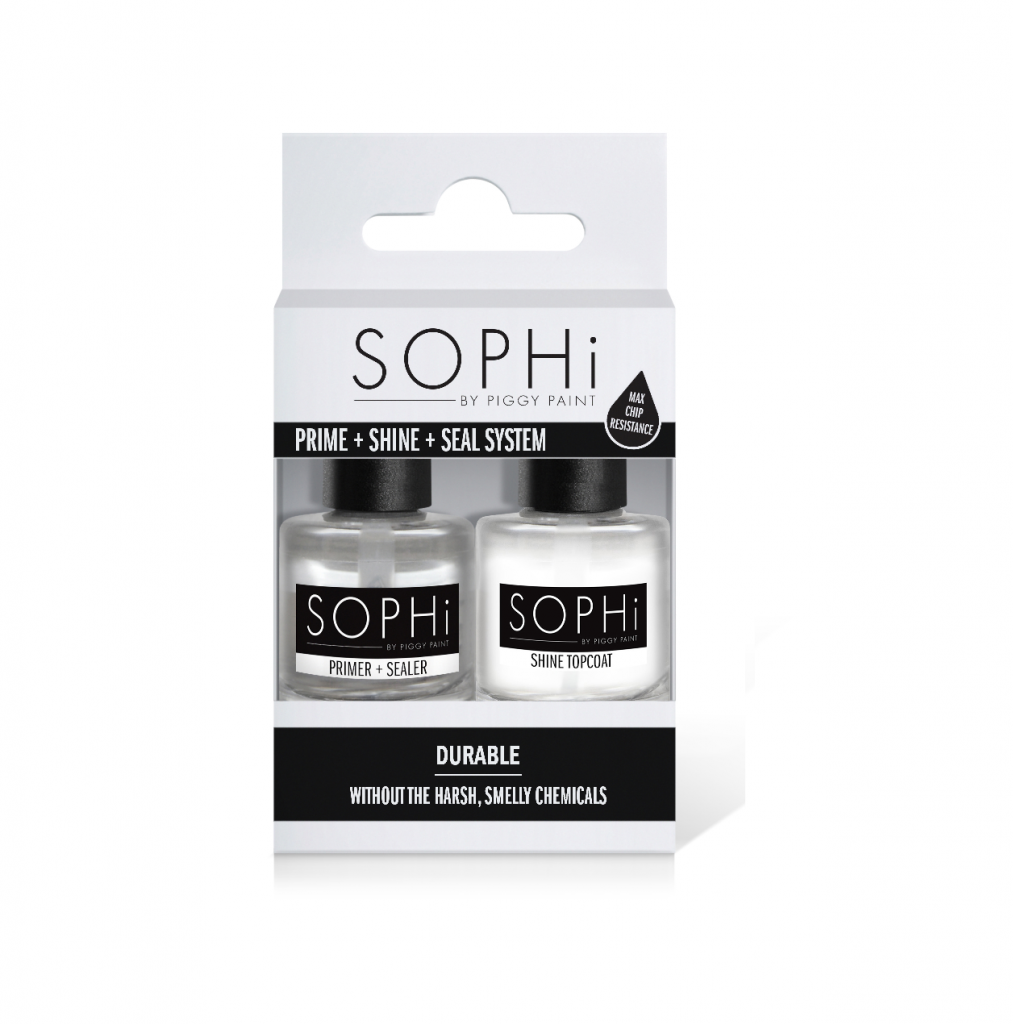 SOPHi Prime + Shine + Seal System product image. Black and white packaging containing one bottle of Primer/Sealer and one bottle of Shiner. Each bottle is a 0.5 oz. size.