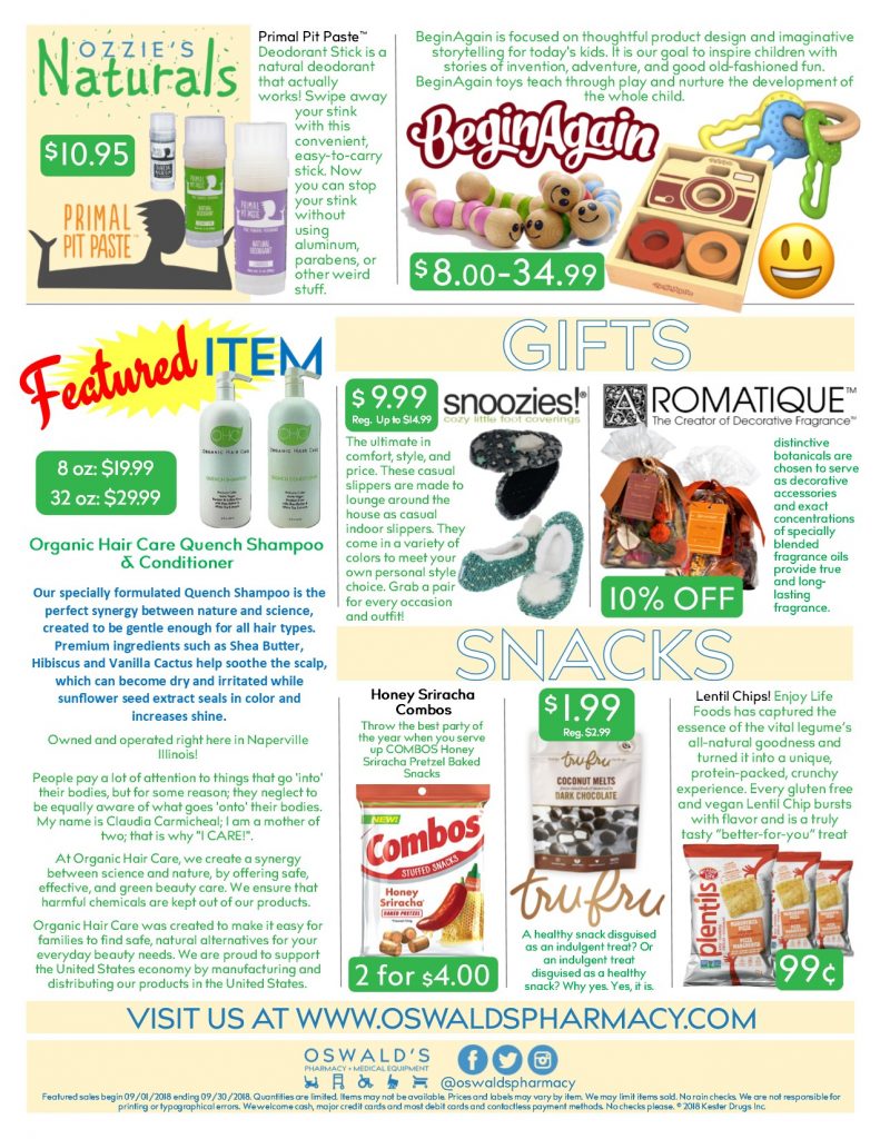 Oswald's Pharmacy Promotions flyer for September 2018. Sales on medical equipment, rentals, toys and more.