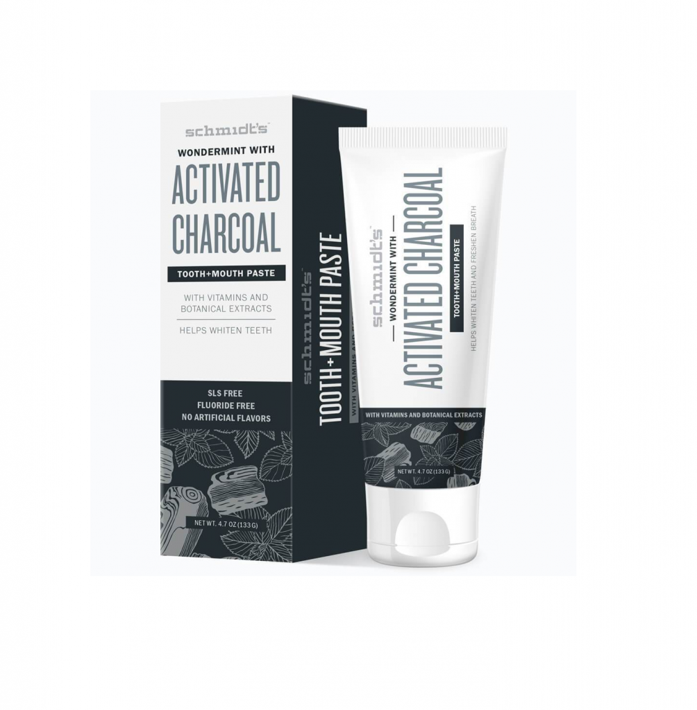 Schmidt's Activated Charcoal natural toothpaste product image. 4.7oz tube, black and white logo and design--image shows the box with the tube standing next to it.