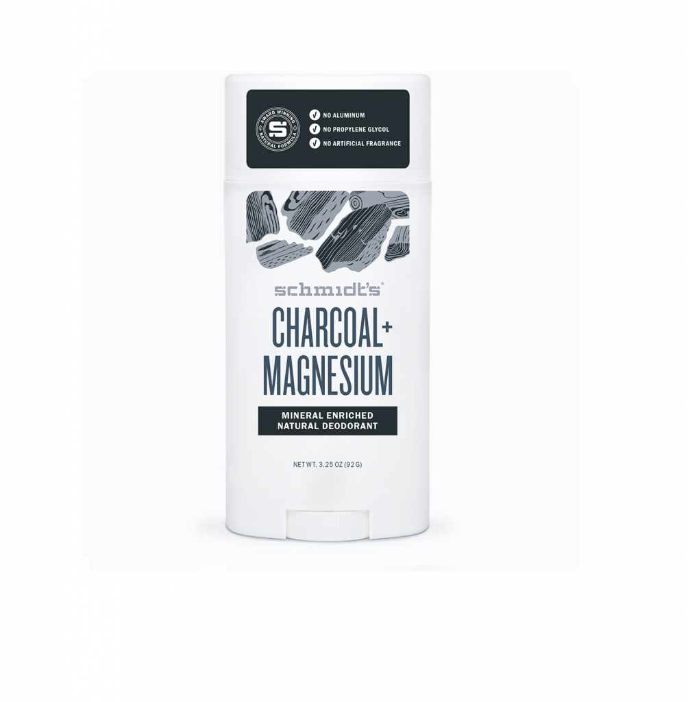 Schmidt's Activated Charcoal + Magnesium Deodorant product image. 3.25oz size. Image shows the stick of deodorant in packaging. Black and white logos and information.