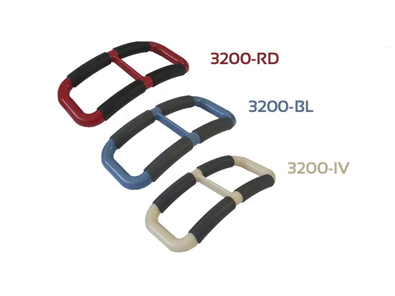 Stander Handy Handle product image. 3 Handy Handles in 3 colors. Top is red, middle is blue, bottom is ivory. All 3 Handy Handles are a rectangle shape with a slight curve and padding on the longer sides. Great to help pull people up from a chair.