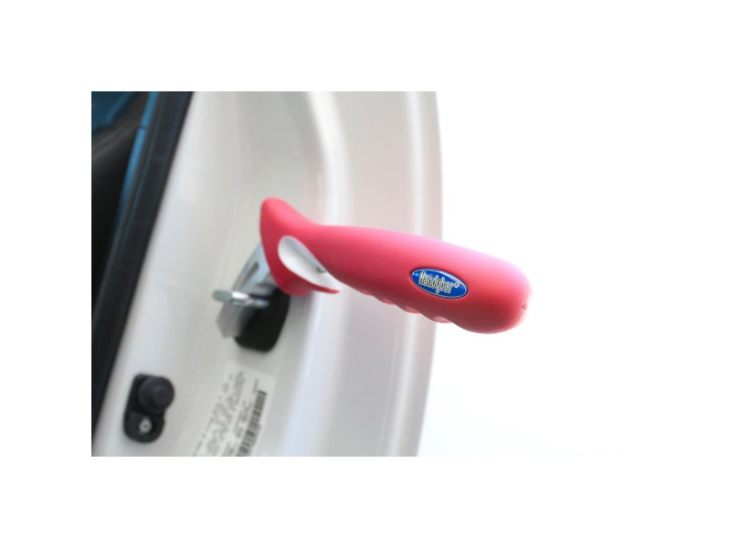 Stander HandyBar product image. The red handled Stander HandyBar inserted into a car door striker. The original 'car cane,' the HandyBar makes getting in and out of every car a breeze.