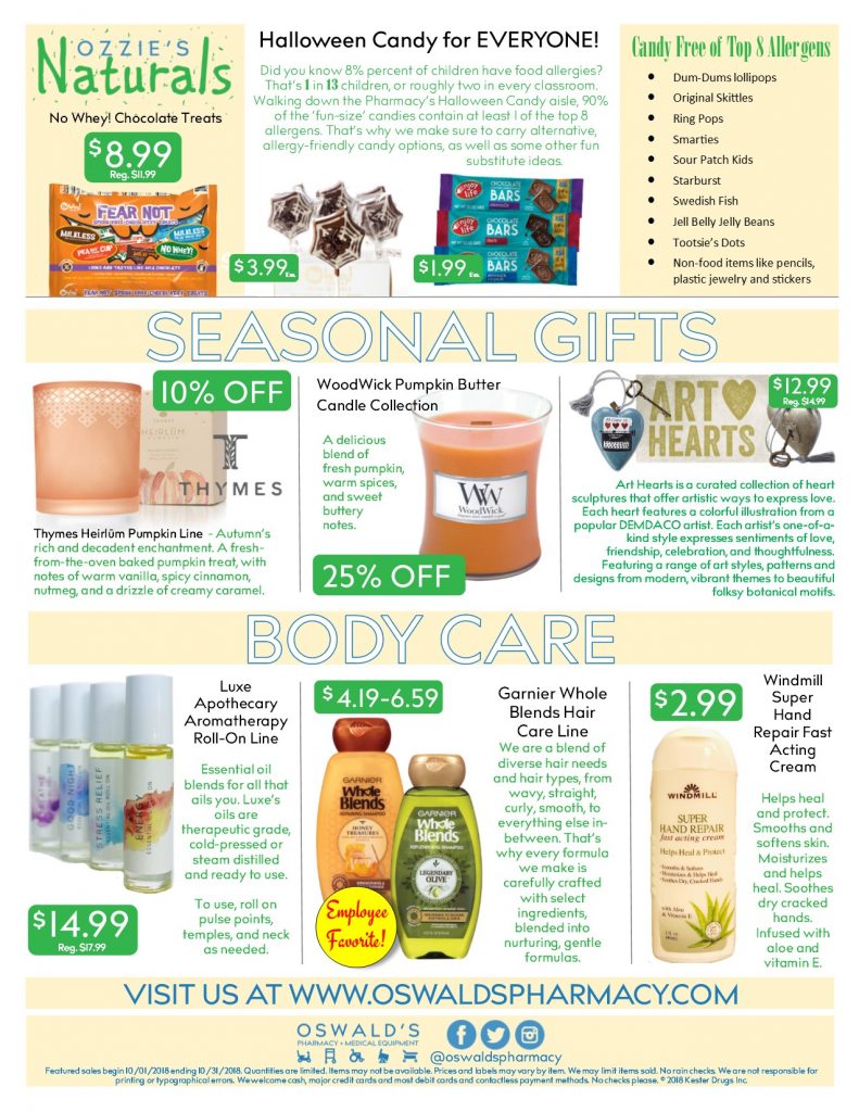 Oswald's Pharmacy Promotions flyer for October 2018. Sales on medical equipment, rentals, toys and more. Page 2.