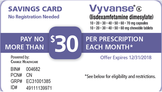 Save Money on Prescriptions Inset Image 2: An EXAMPLE coupon for Vyvanse. Pay no more than $30 is the 'offer' on this example coupon.