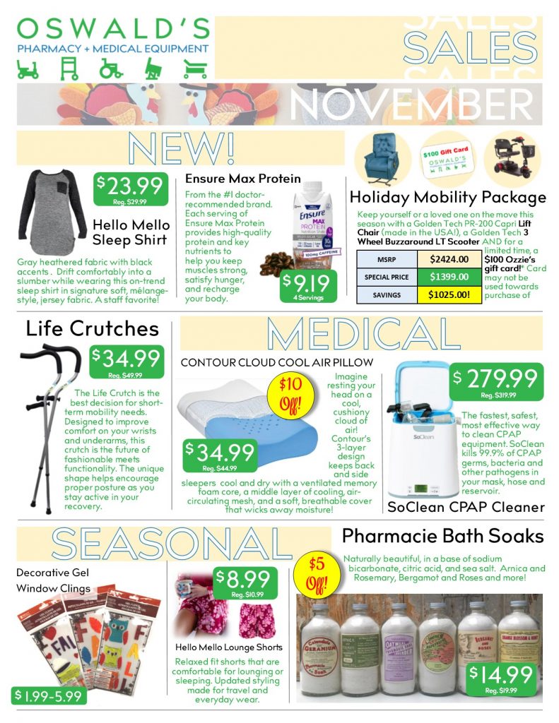 Oswald's Pharmacy Promotions flyer for November 2018. Sales on medical equipment, rentals, toys and more.