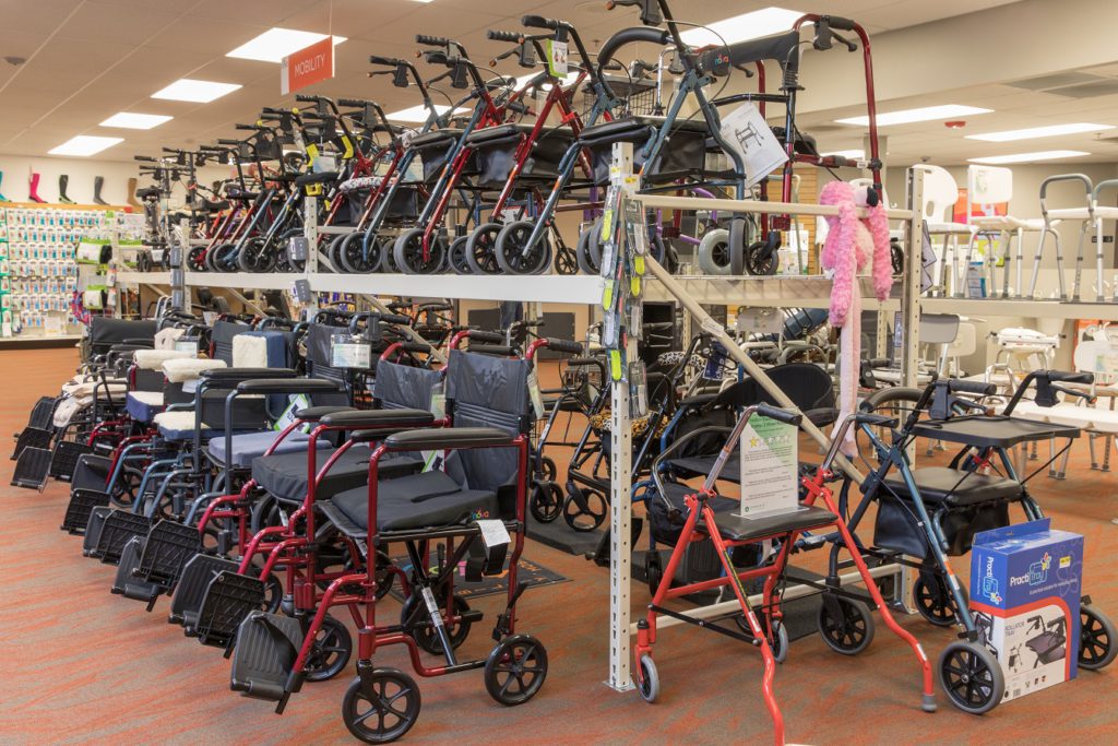 Oswald's two-tiered walker and wheelchair display on the Medical Equipment Showroom Floor.