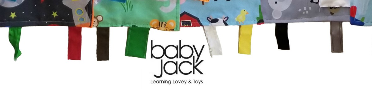 Baby Jack Page Topper Image. The Baby Jack Toys logo underneath the flaps and features of some of their Lovey's toy line.