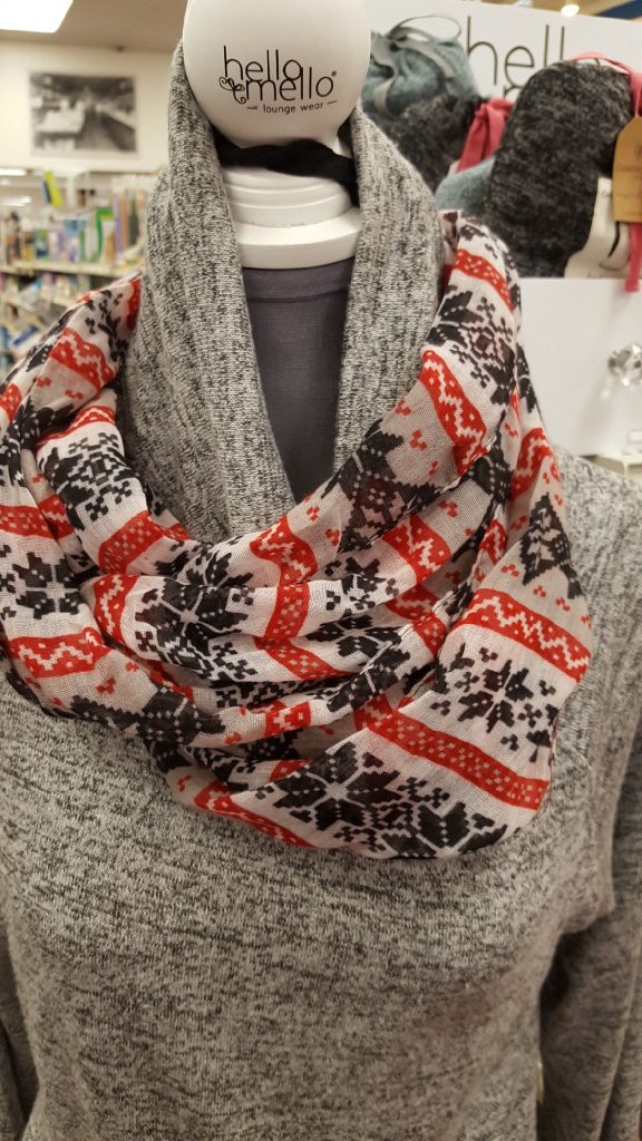 A Winter Fashion Infinity scarf on display for the 2018 Holiday season at Oswald's.