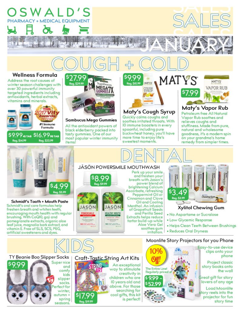 Oswald's Pharmacy Promotions flyer for January 2019. Sales on medical equipment, rentals, toys and more.