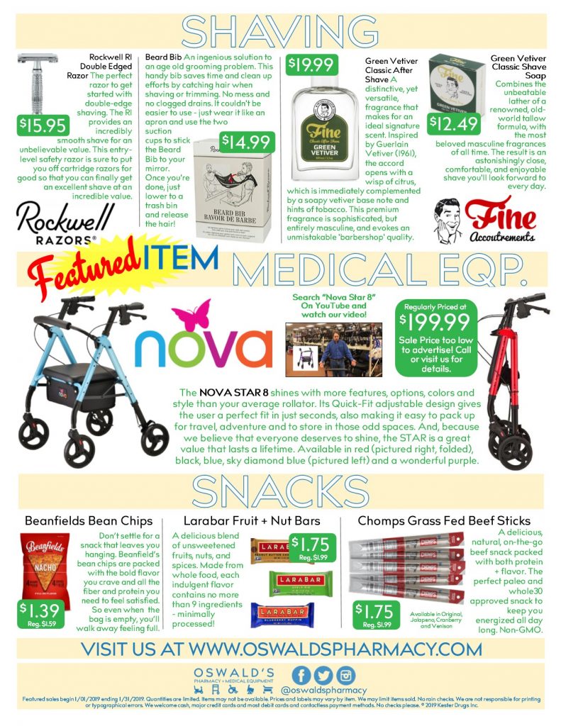 Oswald's Pharmacy Promotions flyer for January 2019. Sales on medical equipment, rentals, toys and more. Page 2