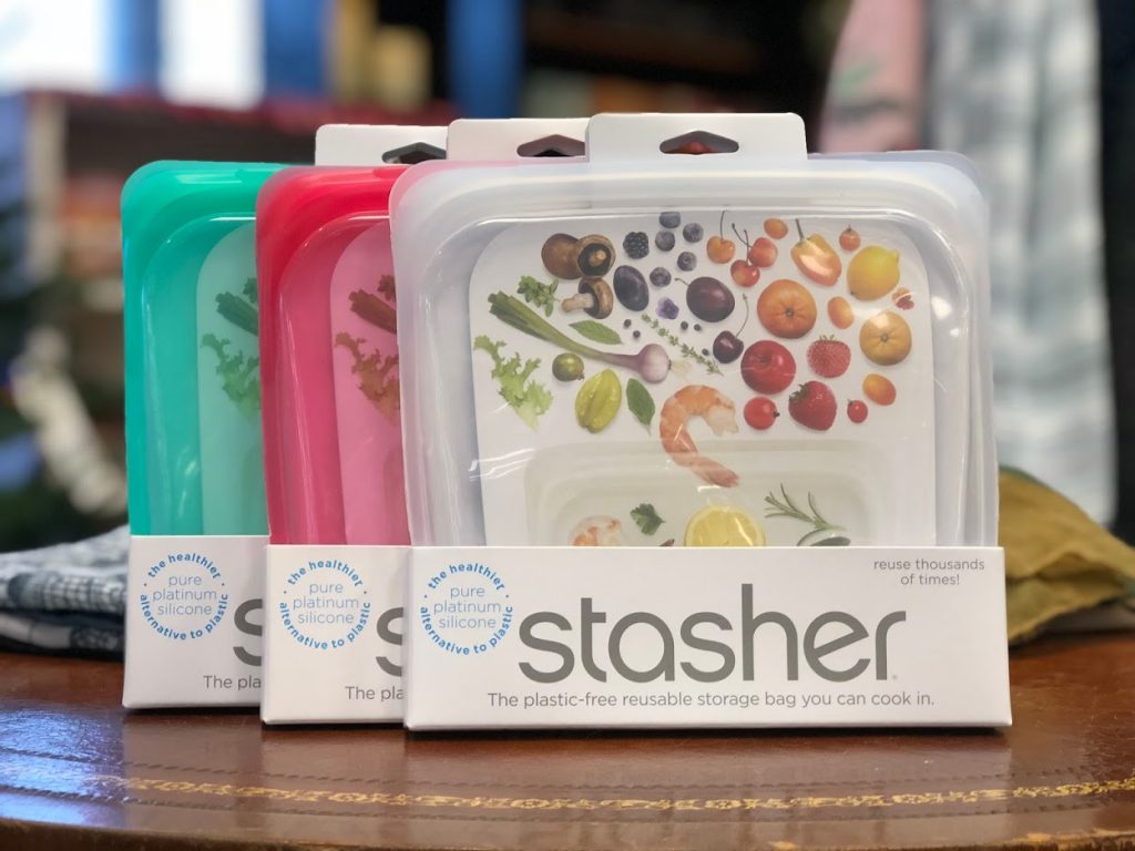 Stasher Bags on the Oswald's Pharmacy sales floor. Stasher bags come in many styles--one for just about every kitchen theme!