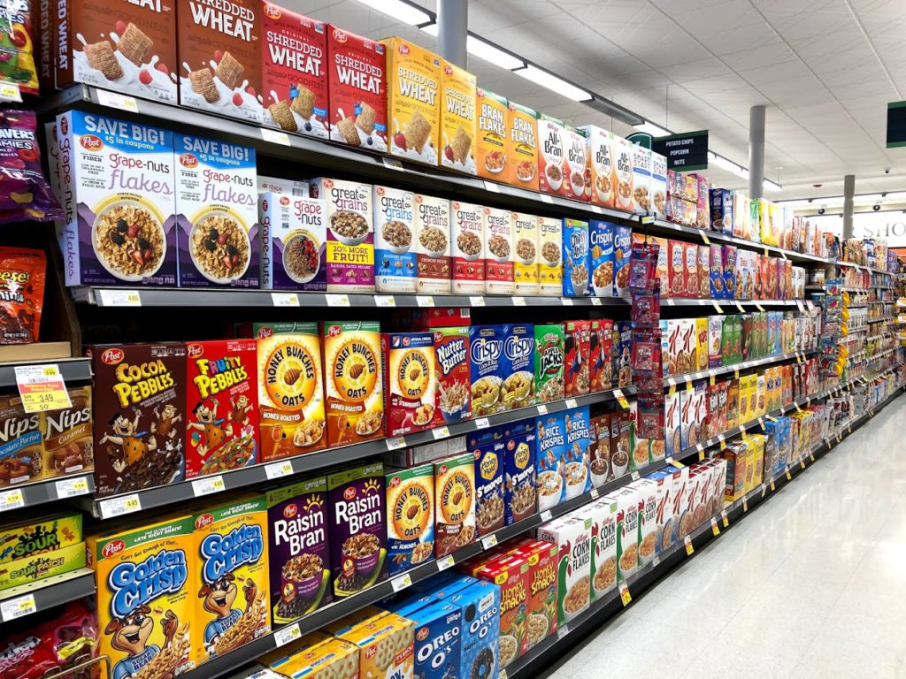 A breakfast aisle at Casey's Foods, next door to Oswald's.