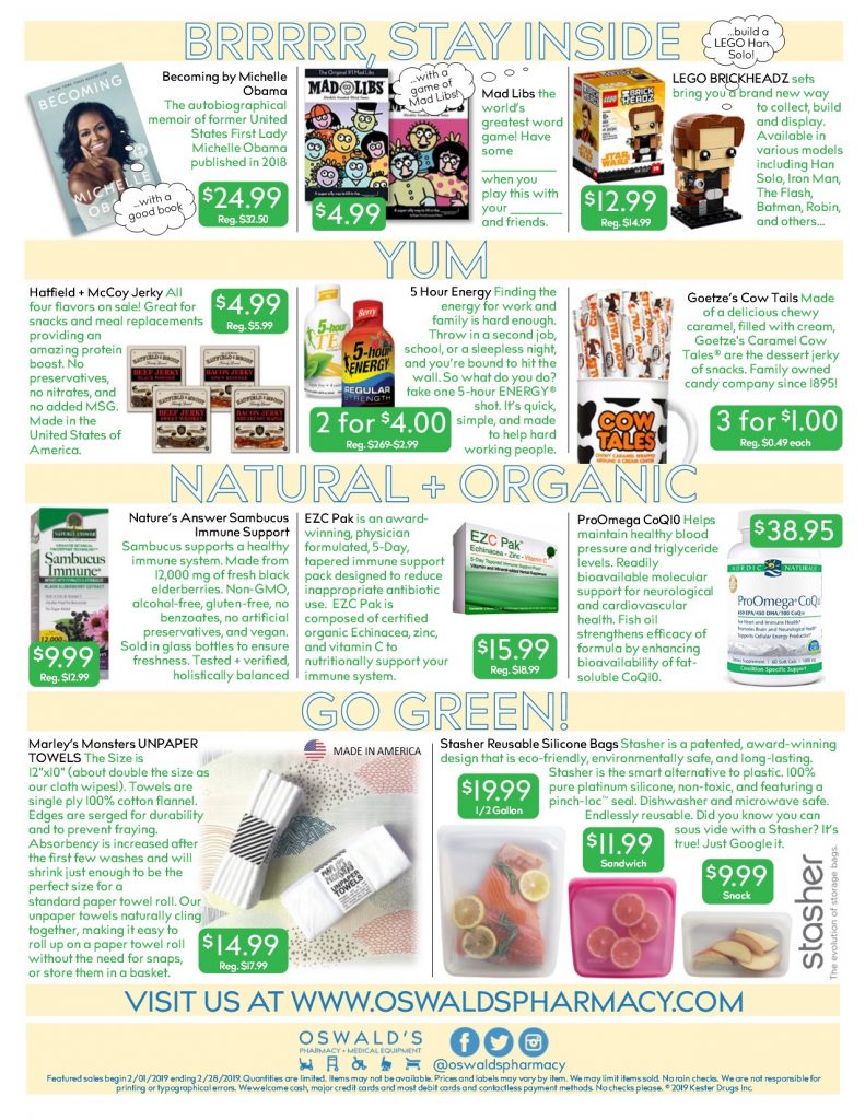 Oswald's Pharmacy Promotions flyer for February 2019. Sales on medical equipment, rentals, toys and more. Page 2