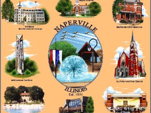 Naperville Heirloom Coverlet. An Oswald's exclusive--a woven blanket featuring 9 Naperville landmarks.