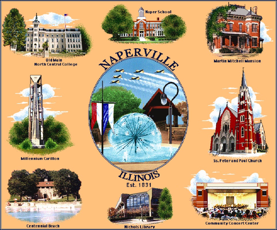 Naperville Heirloom Coverlet. An Oswald's exclusive--a woven blanket featuring 9 Naperville landmarks.