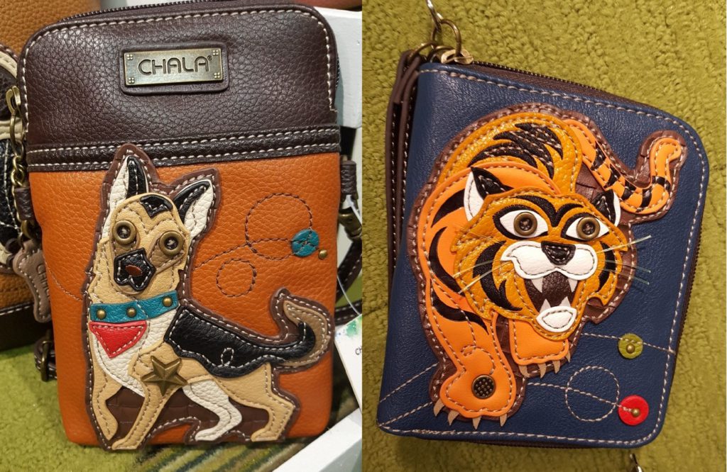 Alecia's Gift Show 2019 blog featured image. 2 Chala Handbags. The left is a handbag with a German Shepard, the right is a bag with a tiger.