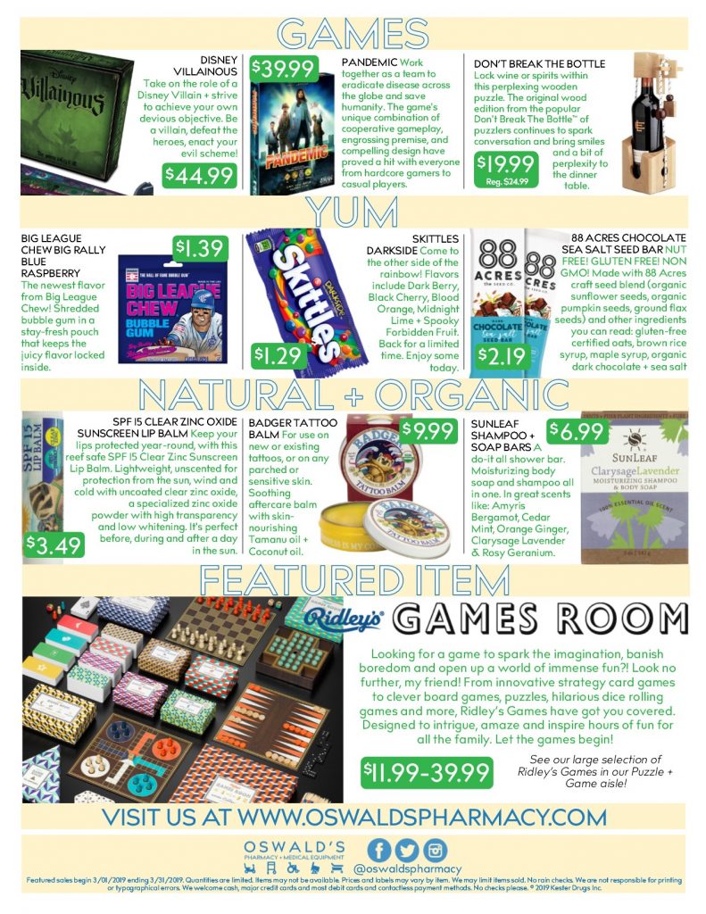 Oswald's Pharmacy Promotions flyer for March 2019. Sales on medical equipment, rentals, toys and more. Page 2