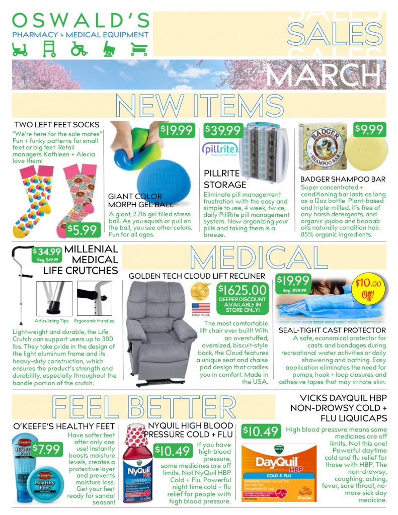 Oswald's Pharmacy Promotions flyer for March 2019. Sales on medical equipment, rentals, toys and more. Page 1