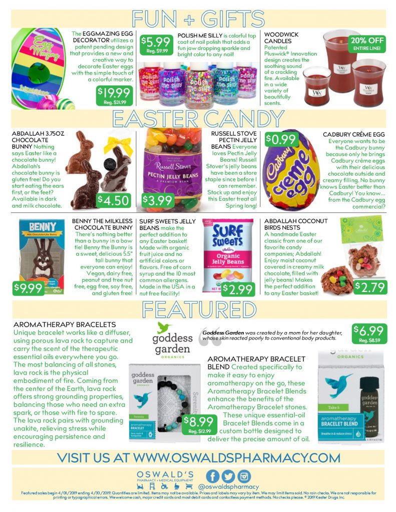 Oswald's Pharmacy Promotions flyer for April 2019. Sales on medical equipment, rentals, toys and more. Page 2