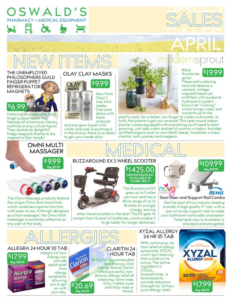 Oswald's Pharmacy Promotions flyer for April 2019. Sales on medical equipment, rentals, toys and more. Page 1
