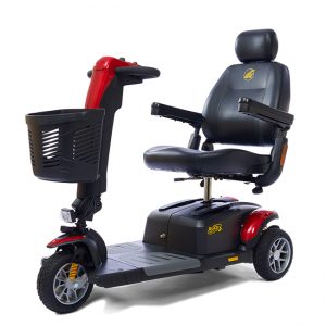 The Golden Buzzaround LX. Pictured: 3-wheel model with red shroud panels. Black captain's chair supports up to 375 lbs.