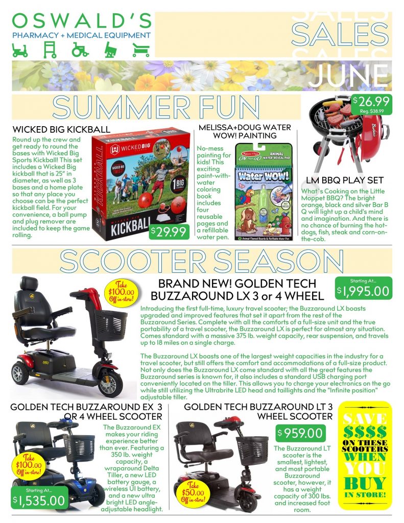 Oswald's Pharmacy Promotions flyer for June 2019. Sales on medical equipment, rentals, toys and more. Page 1