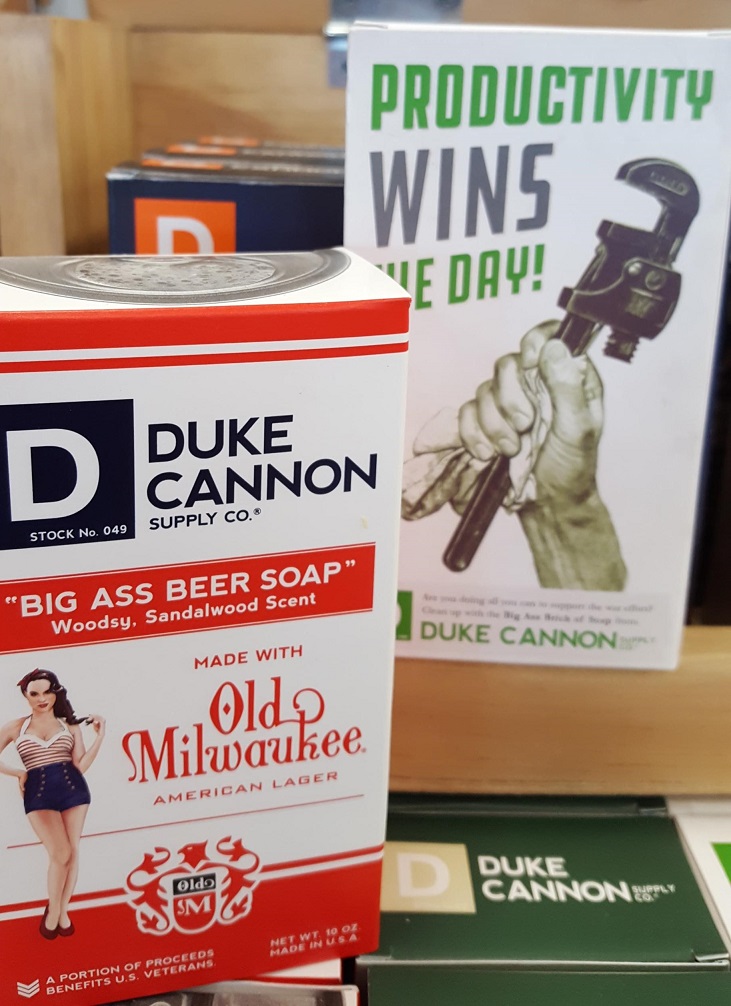 2 bars of Duke Cannon Soap. "Wins the Day" and "Old Milwauke" scented bars are pictured.