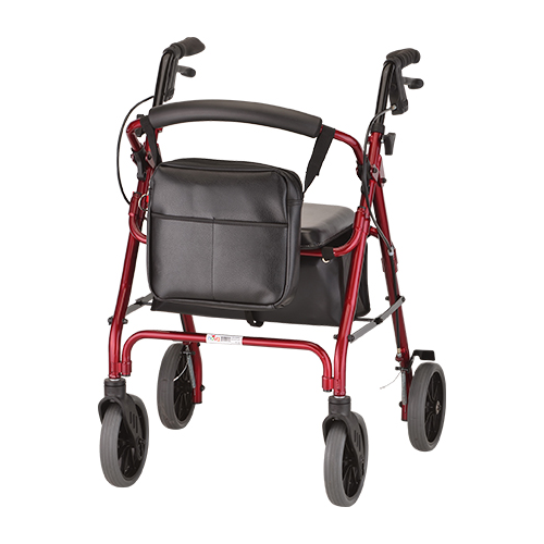 Nova Mobility Bag. The black Nova Mobility Bag shown with the Dual Attachment Velcro straps draped over the front of a red rollator.