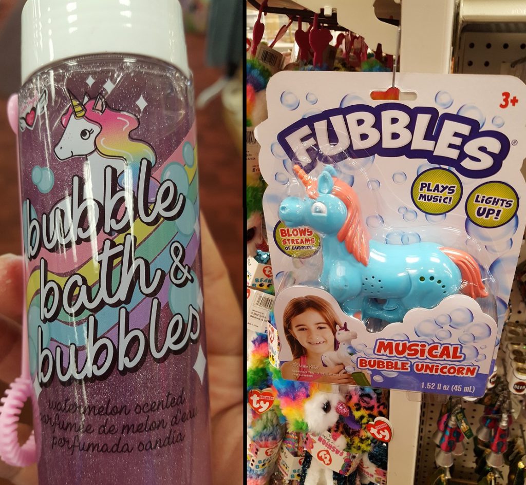 Summer 2019 Toys Blog Bubbles Image. 2 products. On the left is a bottle of pink Unicorn Bubble Bath Bubbles. The right image is the Fubbles Bubble Unicorn machine.