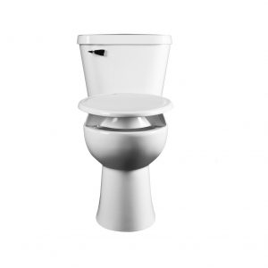 Bemis 3" Elevated Toilet Seat with Cleanshield sanitary guard. The seat is shown on a standard toilet with the lid closed.