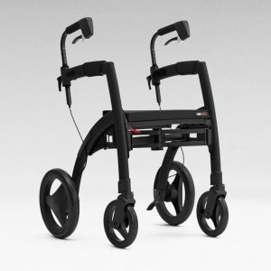 The Rollz Motion2 Rollator in Matte Black. The unit is in it's 'rollator' position, with no back support attached.