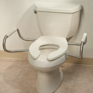 Bemis Hinged Toilet Seat with arms. The seat is shown installed on a toilet. The chrome rails are the supported by the toilet and a locking mechanism on the seat.