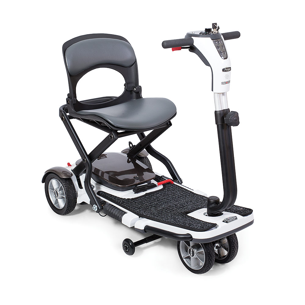 The Pride Go-Go Folding Mobility Scooter in it's driving position. The Scooter is white with a gray vinyl seat and black accents.