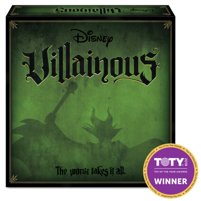 Villainous Board Game. An image of the game box "Disney's Villainous" in black text. The box is green withe the black shadow of Maleficent in the background.