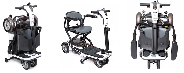 The Pride Go-Go Scooter shown in 3 different positions. From left to right: Folded for transport, unfolded with optional armrests, folded with armrests. 