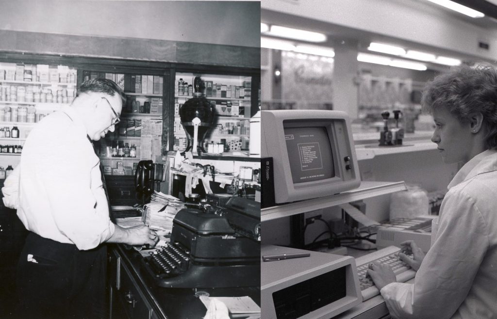 Two Oswald's pharmacists of the past. The left image shows pharmacist John Lawton working an old register in the late 1940s. The right image shows a female pharmacist working the new Oswald's computer system in the early 1980s.