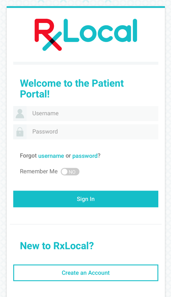 RXLocal prescription refill app for Oswald's Pharmacy Screenshot Login Screen. How-to Page 1