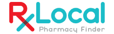 RXLocal Logo. A red R crossing a light blue and red X, followed by Local in light blue. "Pharmacy Finder" text in Grey under logo.