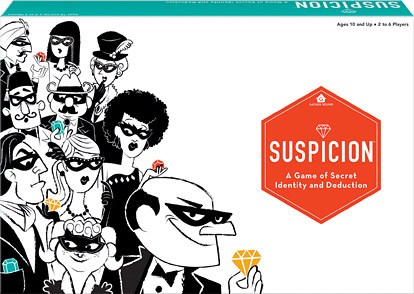 Suspicion Board Game. And Image of the Suspicion box, white box featuring ink bandits and thieves.