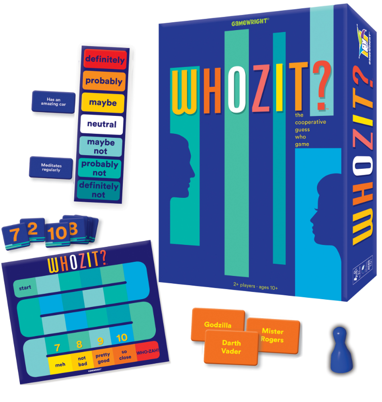 Whozit? Board Game. Game box is shown next to the board, cards and pieces.