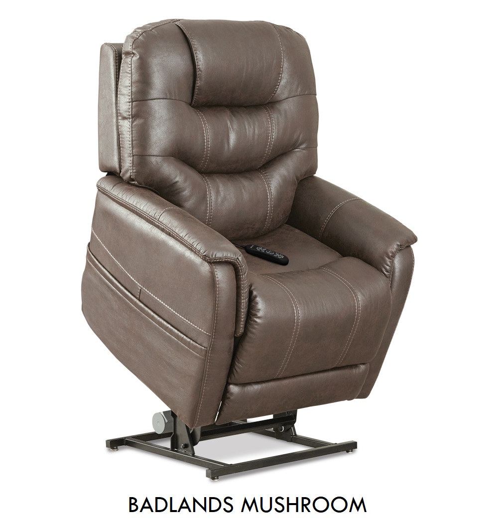 The Pride VivaLift! Elegance lift chair in Badlands Mushroom fabric, a rustic light brown fabric.