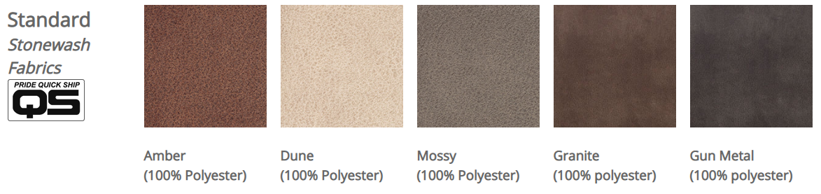 Pride Stonewash fabrics. From left to right: Amber, Dune, Mossy, Granite, Gun Metal grey.