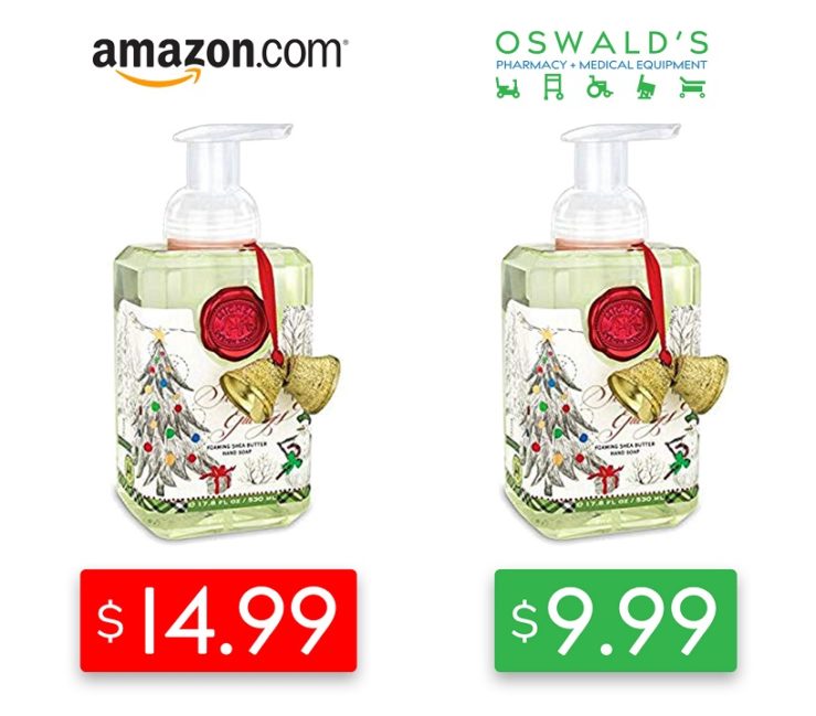 Oswald's versus Amazon price comparison for Michele Designs Soap. Amazon price is on the left at $14.99 and Oswald's is on the right at $9.99. The featured soap is from the Michele Designs 2019 Holiday Line.