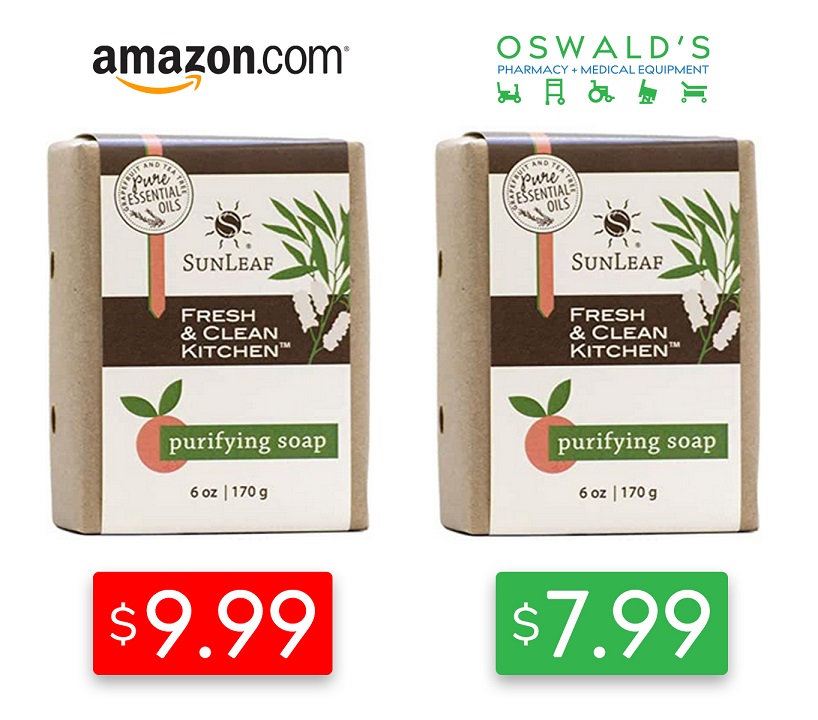 Amazon versus Oswald's price comparison showing Sunleaf Naturals soap detergent bar. On the left is the Amazon price at $9.99, on the right is Oswald's at $7.99.