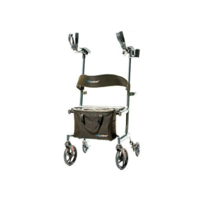 UPWalker Lite shown against a white background. Upright walker with 8" front wheels, 6" back wheels, a seat with backrest, and extended platform arms. Unit shown in black.