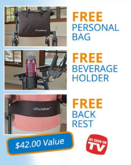UPWalker Lite features image. Shows three pictures. From top to bottom: Free personal bag (in black, shown on the UPWalker Lite), Free beverage holder (shown attached to the UPWalker Lite), Free backrest (shown on the UPWalker Lite with an older woman sitting in it). "A $42.00 Value" and "As seen on TV" text boxes on image bottom.