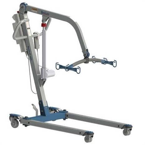 Bestcare PL400E patient lift. Lift shown in lowered position. White and grey with light blue accents. Full electric patient lift.