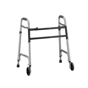Nova Heavy Duty Walker with wheels. The walker is silver with gunmetal colored accents and crossbars. Adjustable front legs & wheels and back legs with rubber tips.