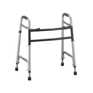 Nova Heavy Duty Walker, standard style. The walker is silver with gunmetal colored accents and crossbars. Adjustable front and back legs with rubber tips.